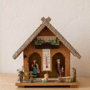 Vintage Alpine Wood Weather House & Hygrometer